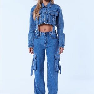 Fashion Nova Blue Denim Jacket and Jean Set with Cargo Pockets